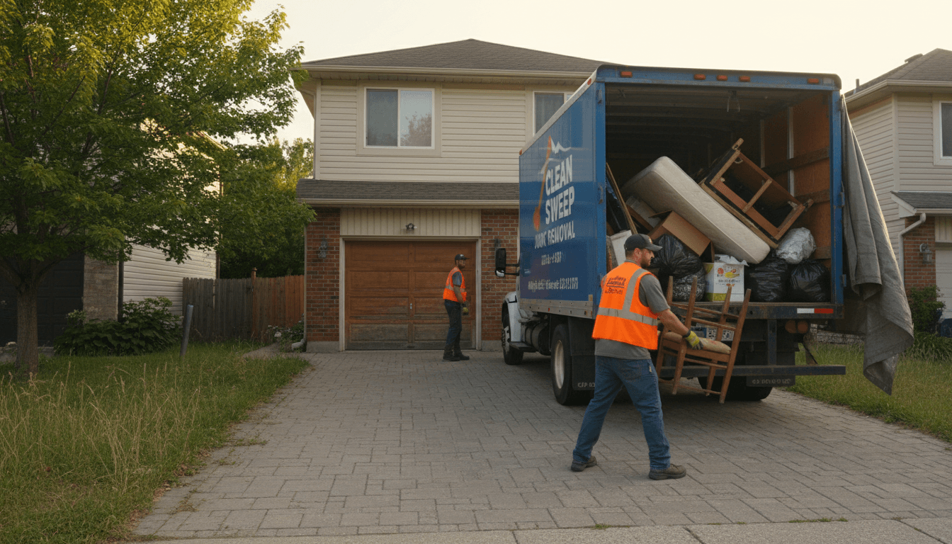 Pickup truck loaded with junk and debris at a residential property