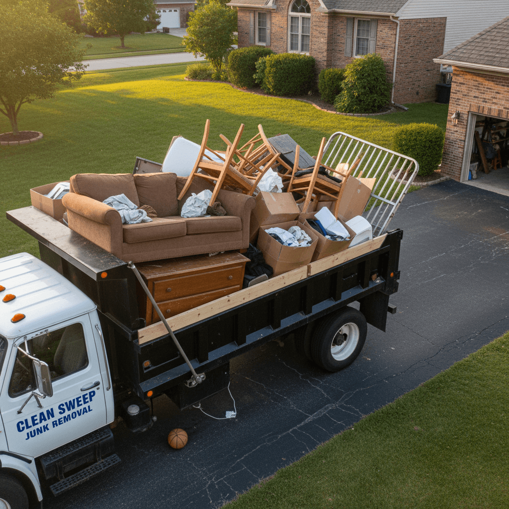 Junk Removal Truck Loaded with Furniture and Boxes in Driveway