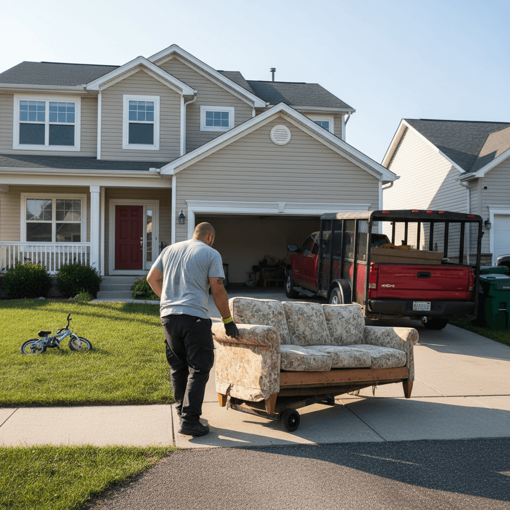 worker hauling an old sofa out of a suburban home driveway