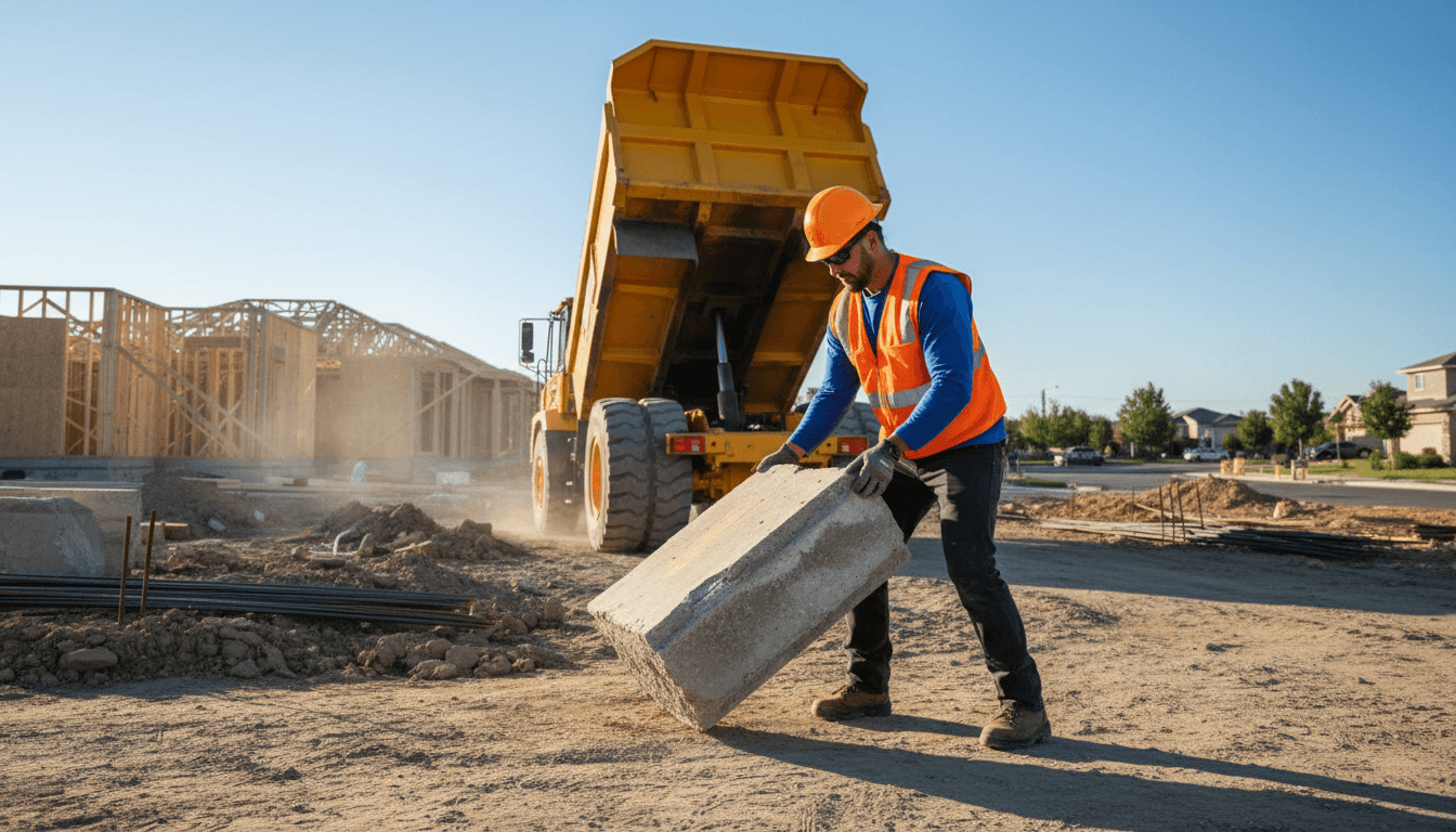 Worker Loading Heavy Item into Dump Truck for Junk Removal