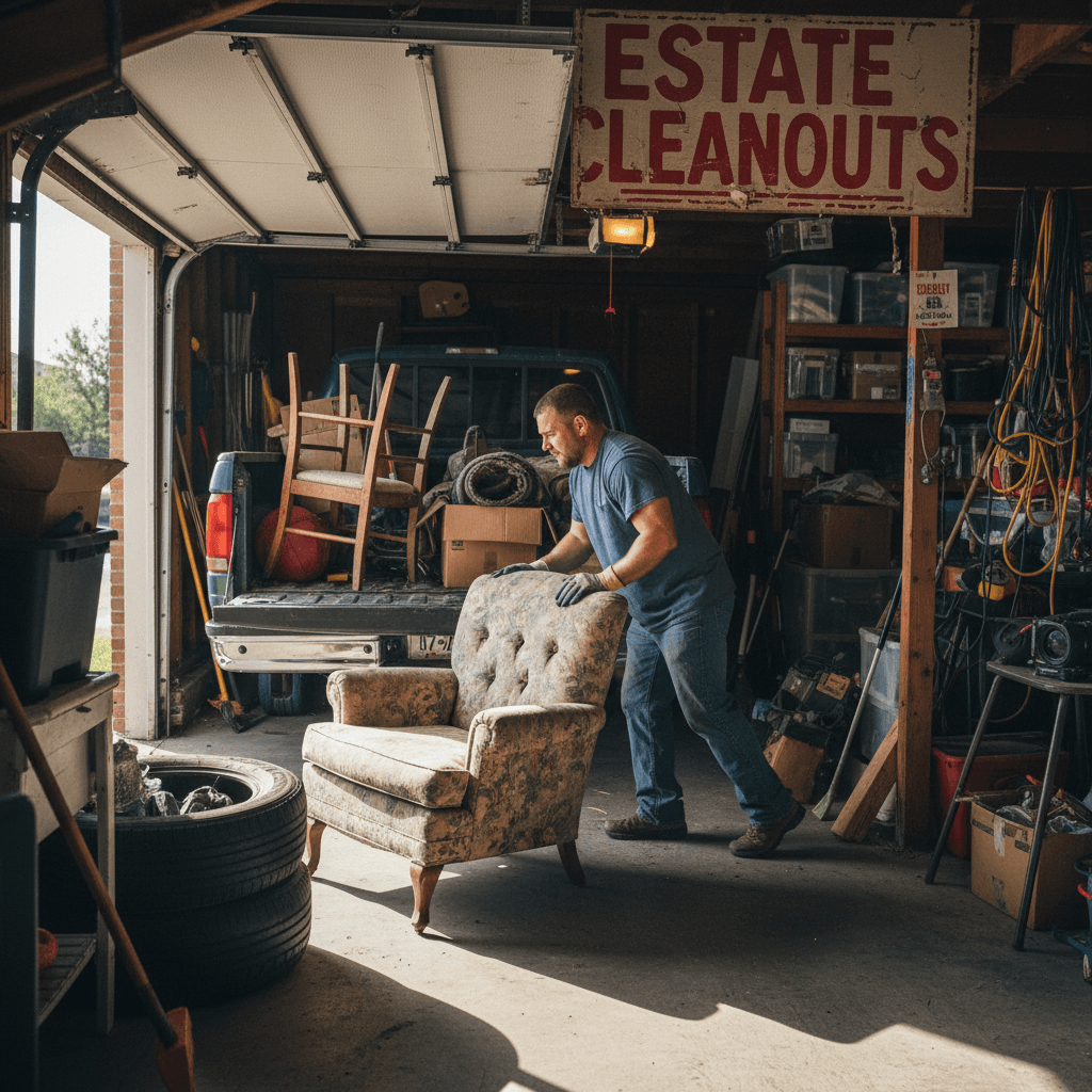 junky garage being cleared out by a worker loading furniture into a pickup truck