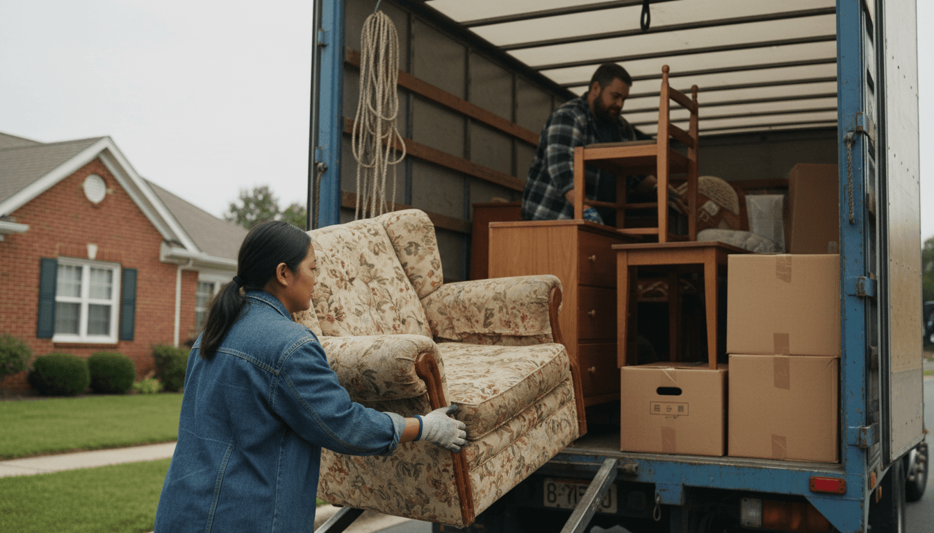 Junk removal truck being loaded with furniture in a driveway