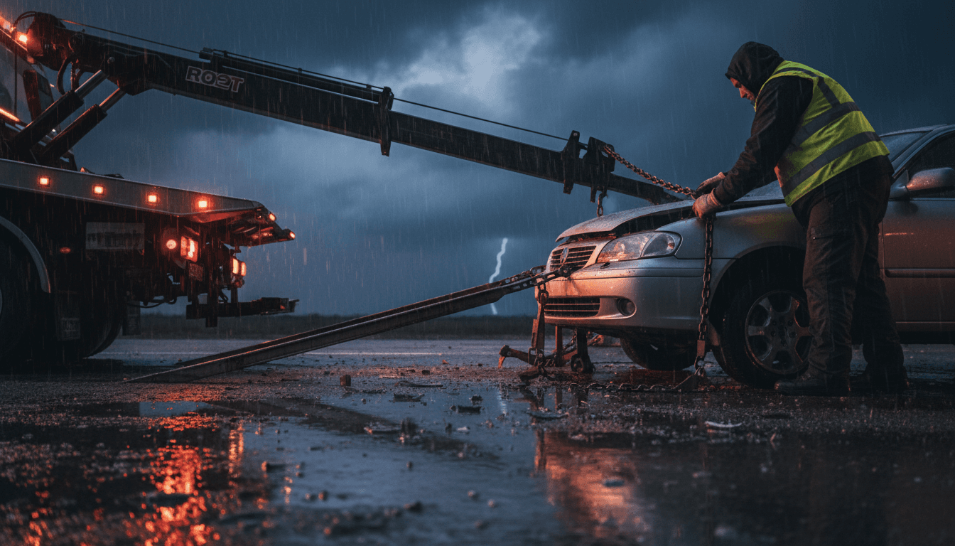 Tow truck hooking up to car