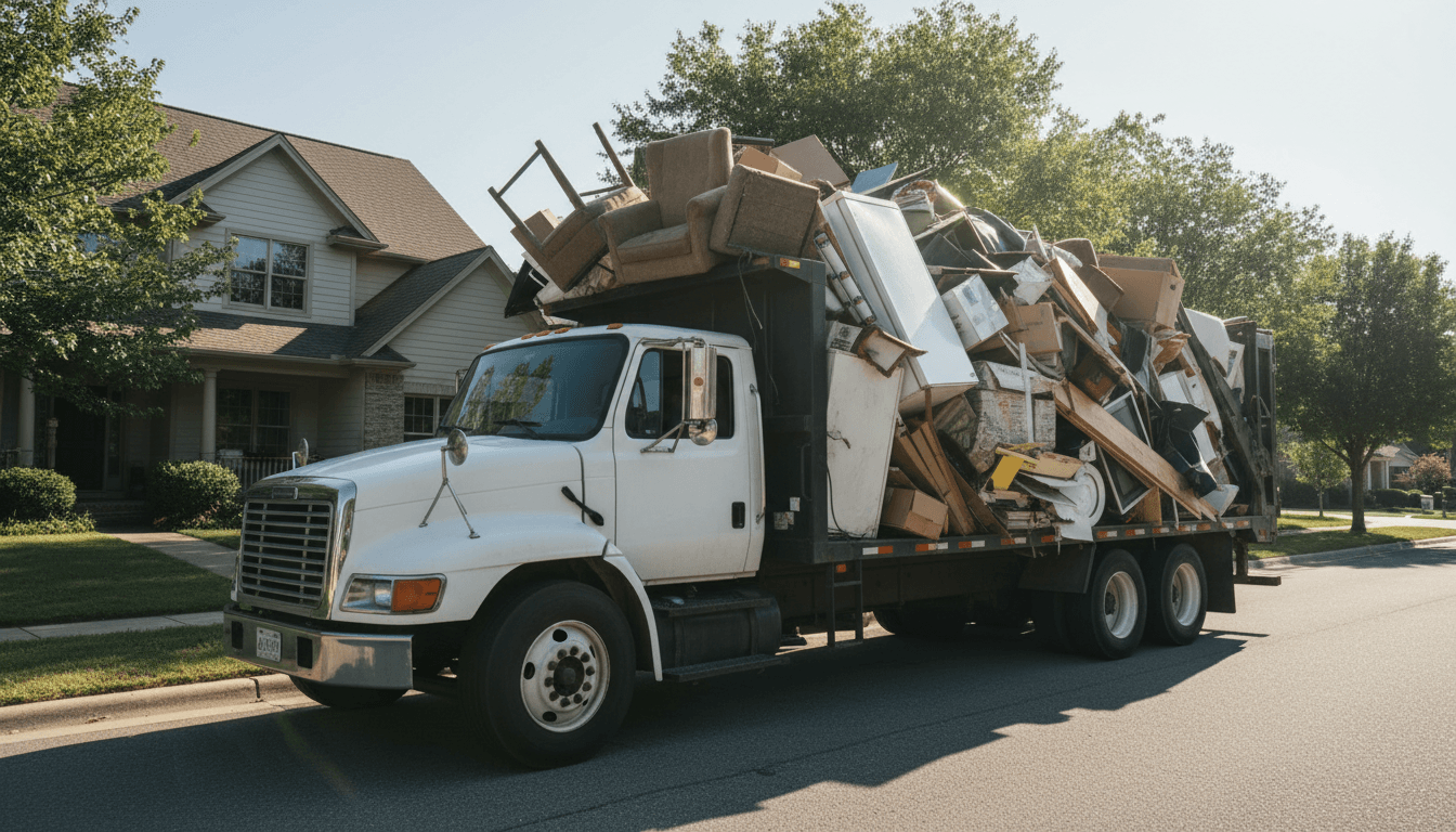 Tow truck and junk removal truck on a residential street in Connecticut