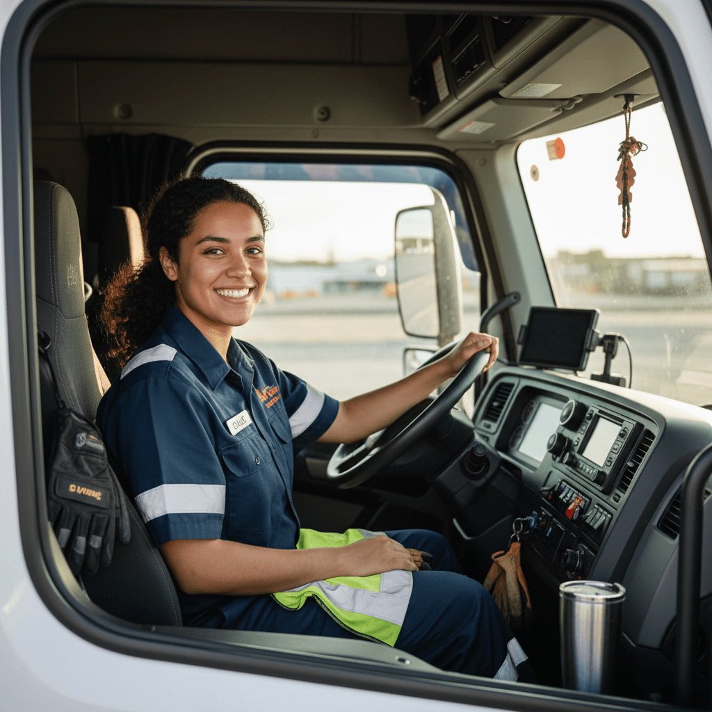 Truck driver beside a pickup truck