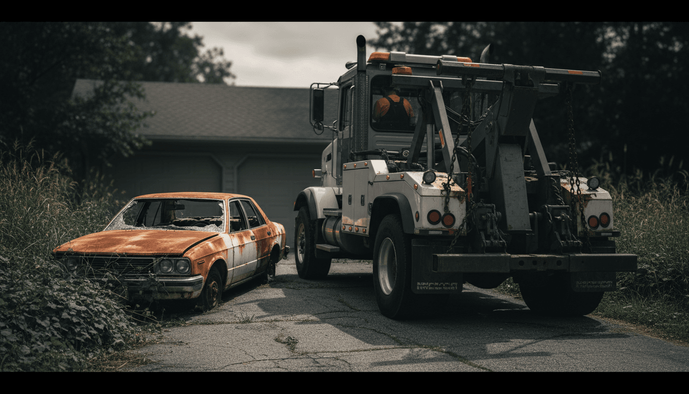 Tow truck connecting to a car on a quiet residential street
